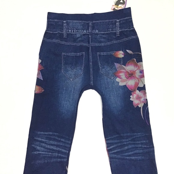 Floral & Pearl Studded Denim Look Leggings - Picture 2 of 3